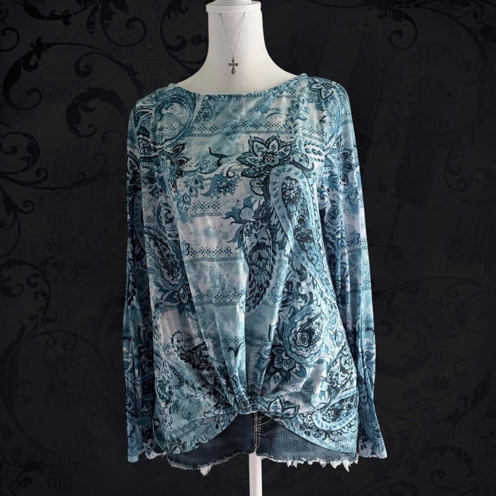 whimsical fairycore bedazzled paisley floral scroll blue top